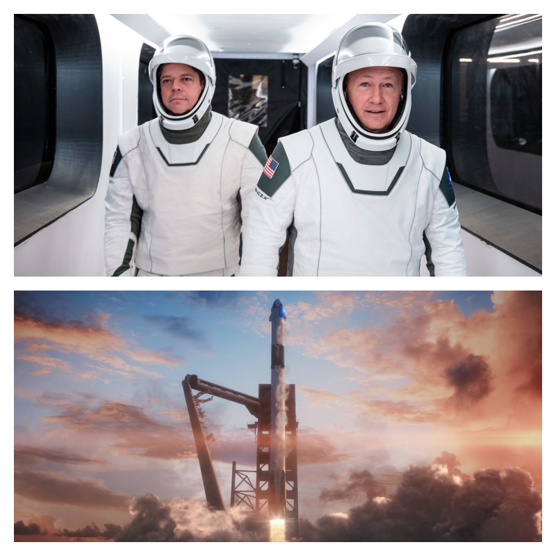 Pictured Above: Robert Behnken (Top Left), Douglas Hurley (Top Right), Crew Dragon Spacecraft at Launch (Bottom)
